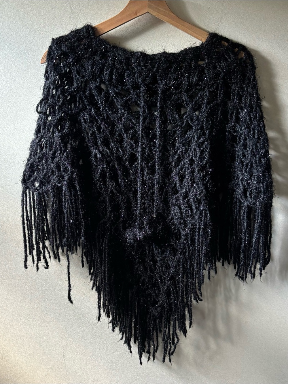 Black Chunky Knit Poncho with Fringe